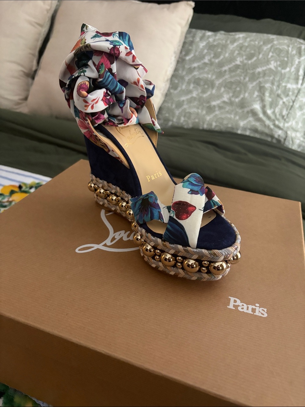 Christian Louboutin Navy Suede Wedge Sandals with Multicolor Floral Silk Wrap - Picture 1 of 2